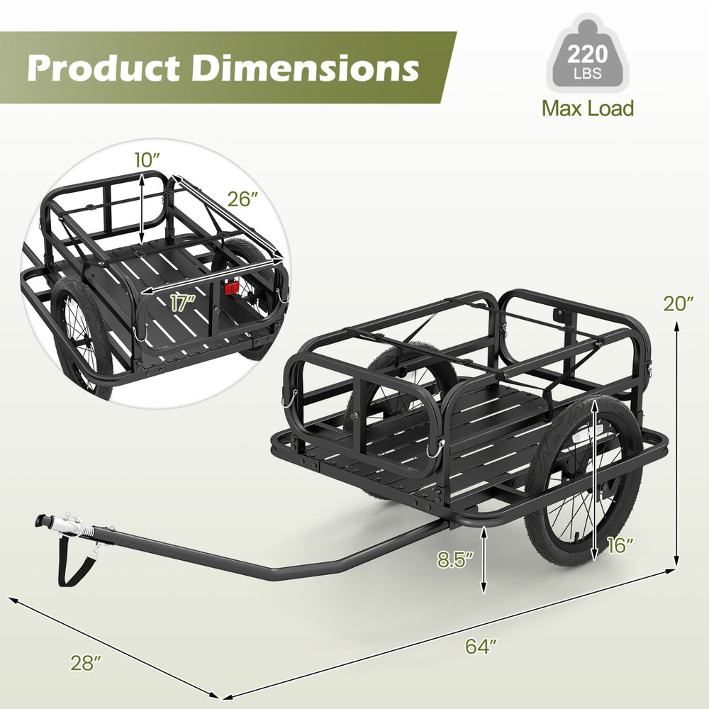 Heavy-duty bike cargo trailer dimensions with a robust metal frame, 220 lbs capacity, and universal hitch for versatile.