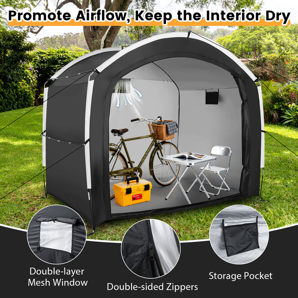 Bike storage shed tent made of waterproof 210D Oxford fabric, featuring double-layer mesh window and interior storage.