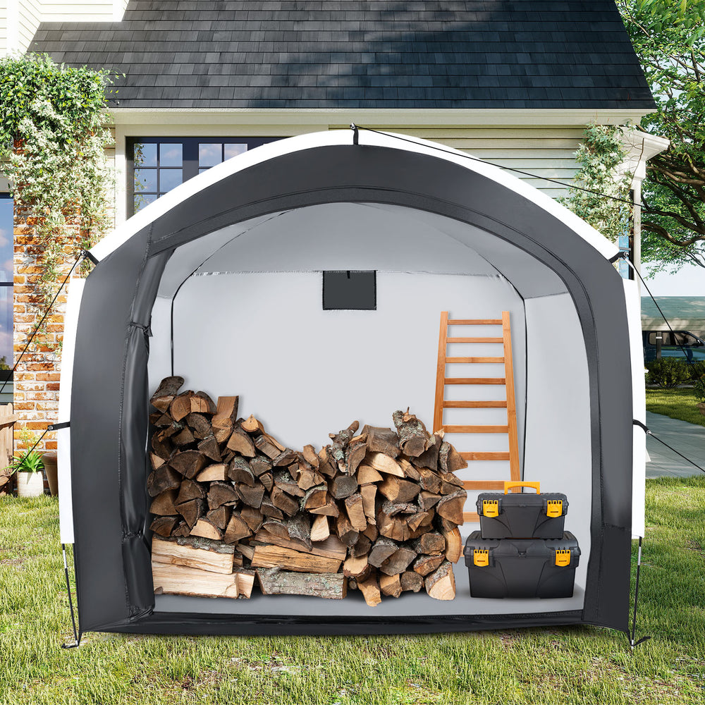 Bike storage shed tent with waterproof 210D Oxford fabric, holding firewood and tools, ideal for outdoor organization.