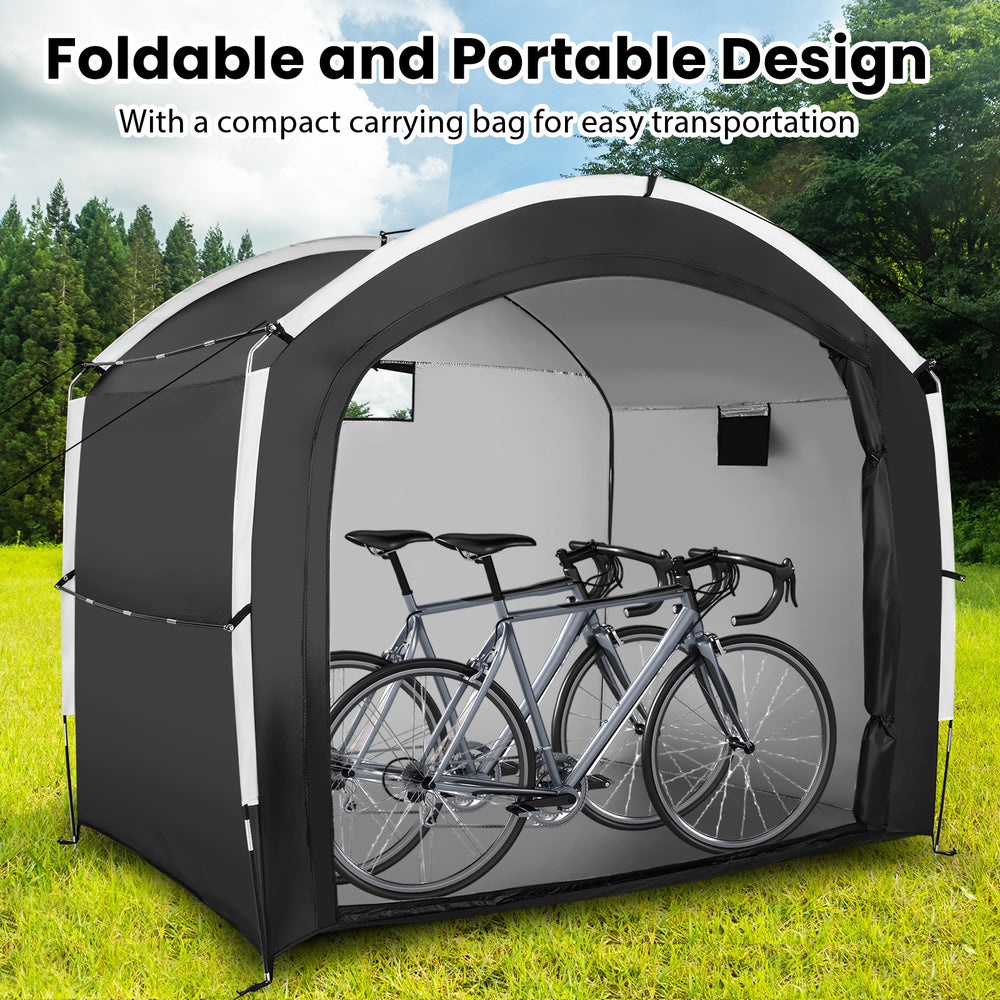Bike storage shed tent made of waterproof 210D Oxford fabric, holding up to 5 bikes, with a portable design for easy.