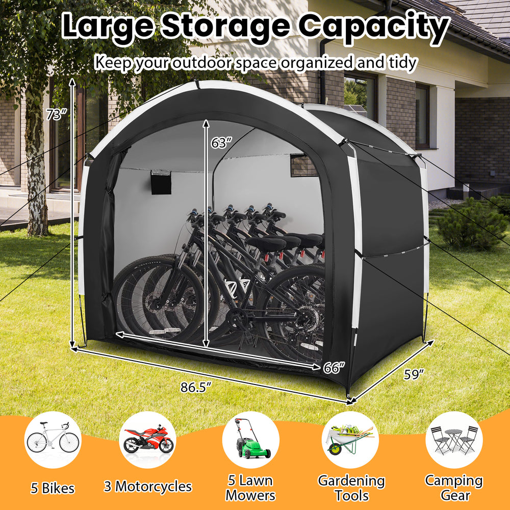 Bike storage shed tent with waterproof 210D Oxford fabric, holds 5 bikes, ideal for outdoor organization and protection.