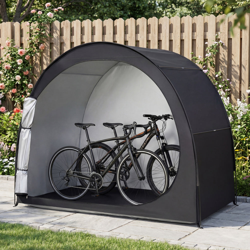 Portable bike storage tent in black, featuring waterproof fabric and enclosed design for protection against weather.