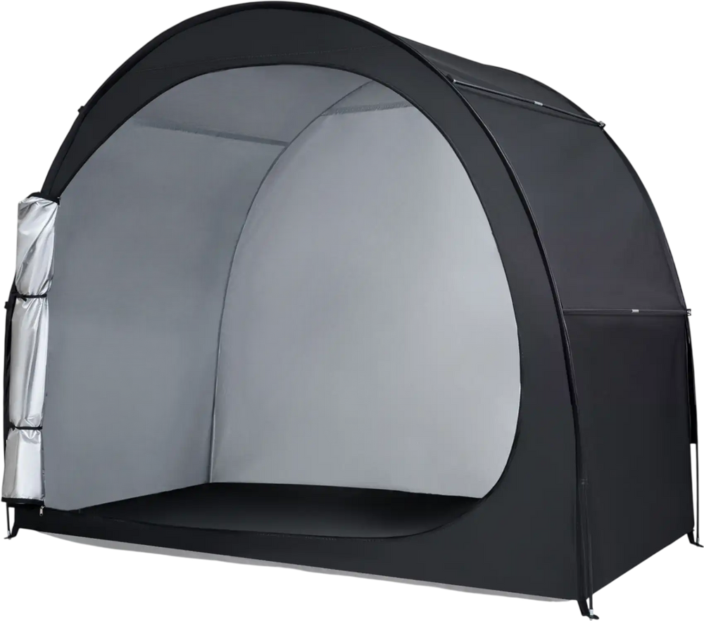 Portable bike storage tent in black, made of waterproof PU coated oxford fabric, featuring a large walk-in door for.
