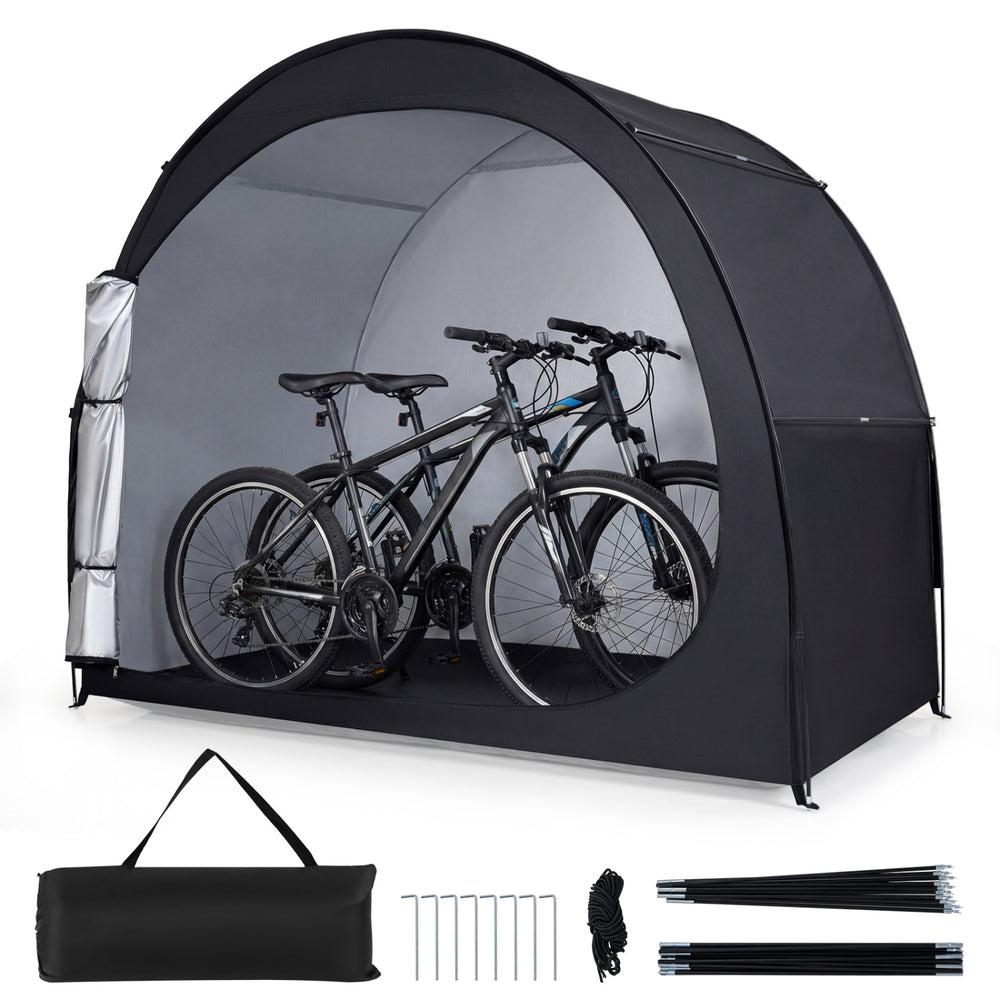 Portable bike storage tent in black with waterproof fabric, designed for easy access and protection against elements.