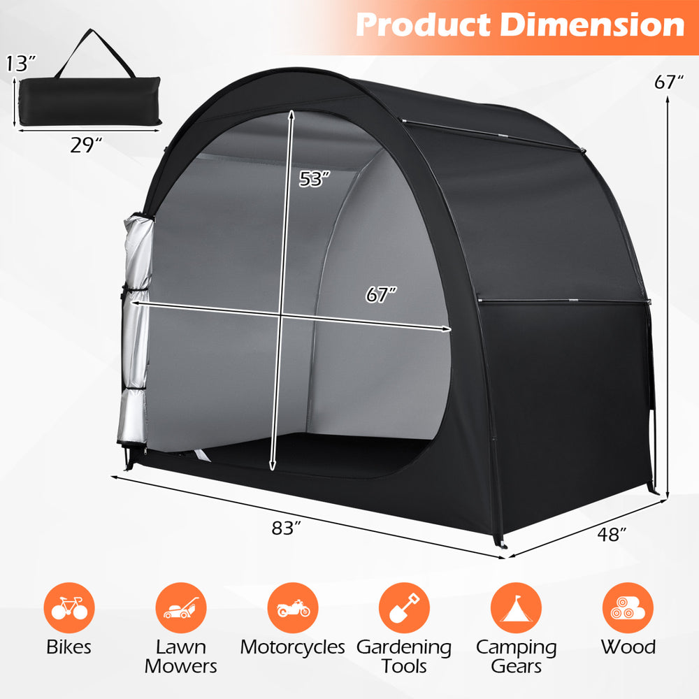 Portable bike storage tent featuring waterproof PU coated oxford fabric, enclosed design, and large walk-in door for.