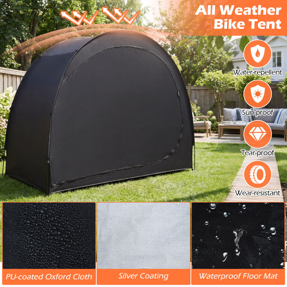 Portable bike storage tent in black, made of waterproof PU coated oxford fabric, designed for all weather protection.