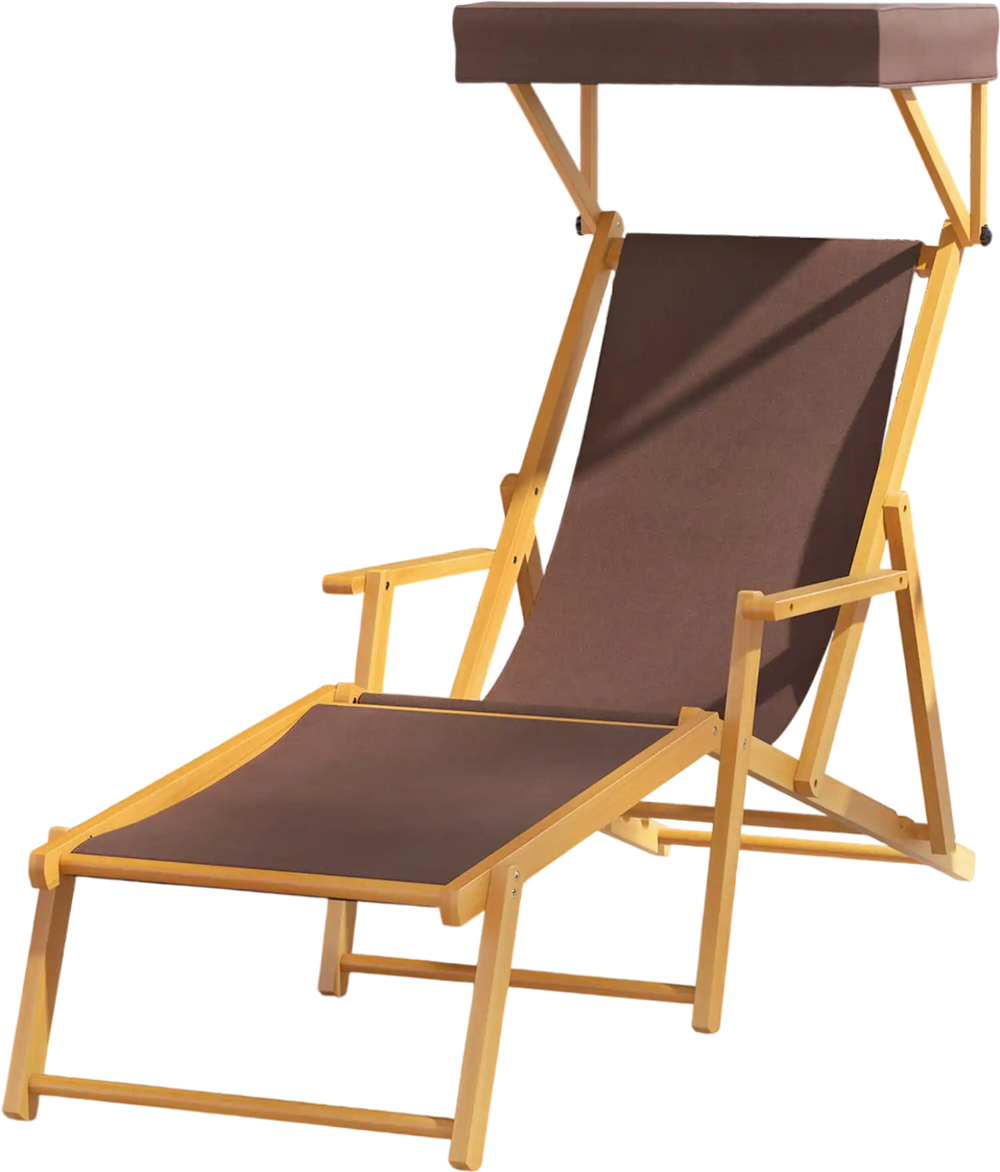 Birch wood chaise lounge chair with adjustable canopy in brown, perfect for outdoor relaxation on the patio or poolside.