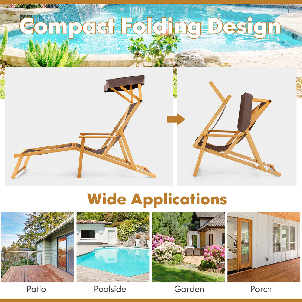 Birch wood chaise lounge chair with adjustable canopy, foldable design for patio, poolside, and garden use.