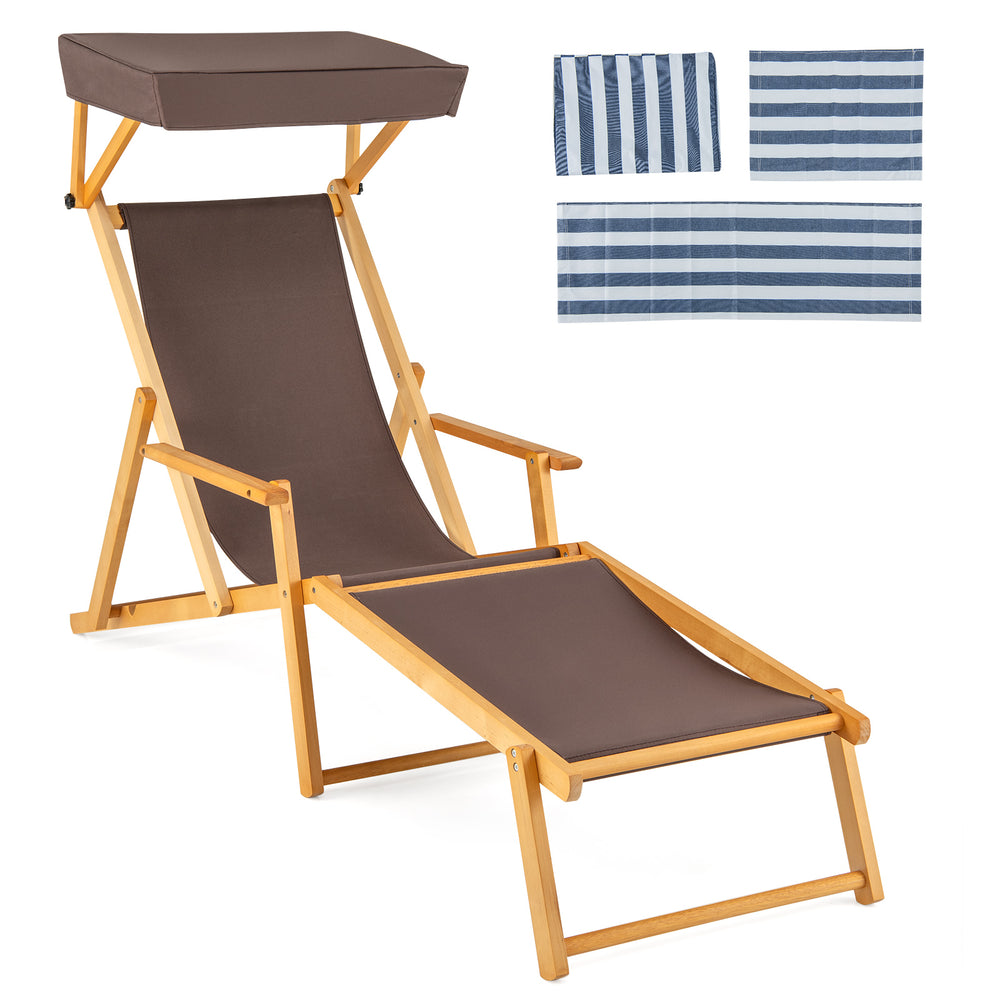 Birch wood chaise lounge chair with adjustable canopy and brown fabric, perfect for outdoor relaxation by the poolside.