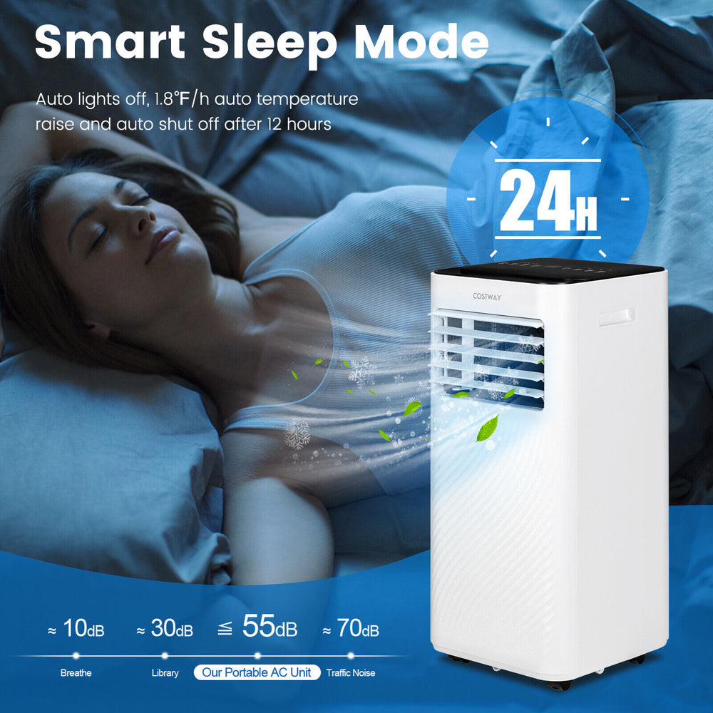 Portable air conditioner with smart sleep mode, 10,000 BTU, and remote control for efficient cooling in any room.