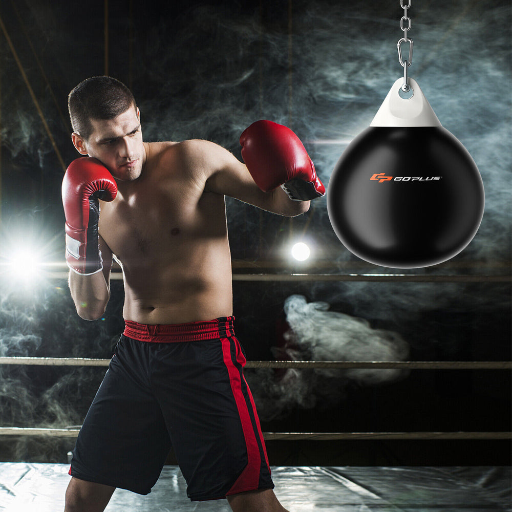 Heavy punching water aqua bag with adjustable metal chain, 110 lbs capacity, ideal for home and gym training.