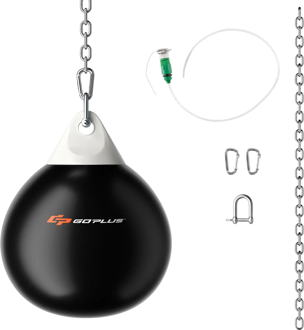 Heavy 18-inch black punching water bag with adjustable metal chain and hardware, ideal for home or gym workouts.