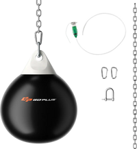 Heavy 18-inch black punching water bag with adjustable metal chain and hardware, ideal for home or gym workouts.