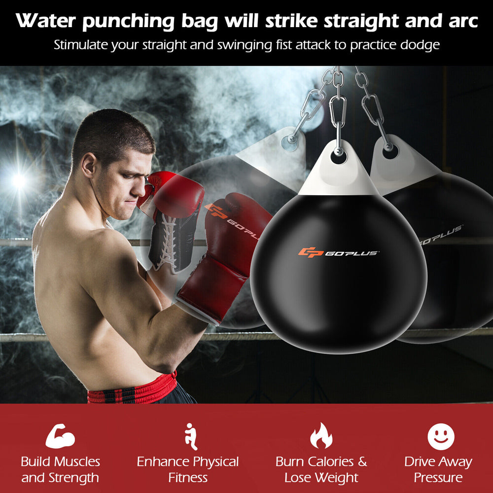 Heavy 18-inch black water punching bag with adjustable chain, designed for enhancing fitness and reaction ability at.