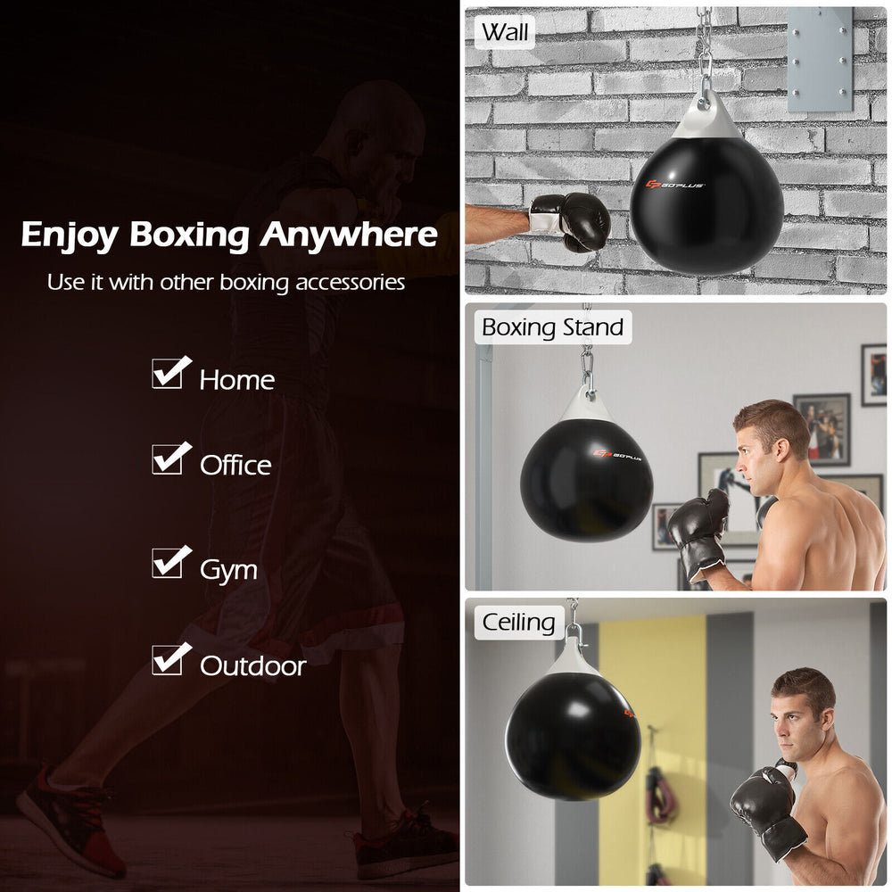 18-inch black heavy punching water bag with adjustable chain, suitable for home, gym, or outdoor boxing training.