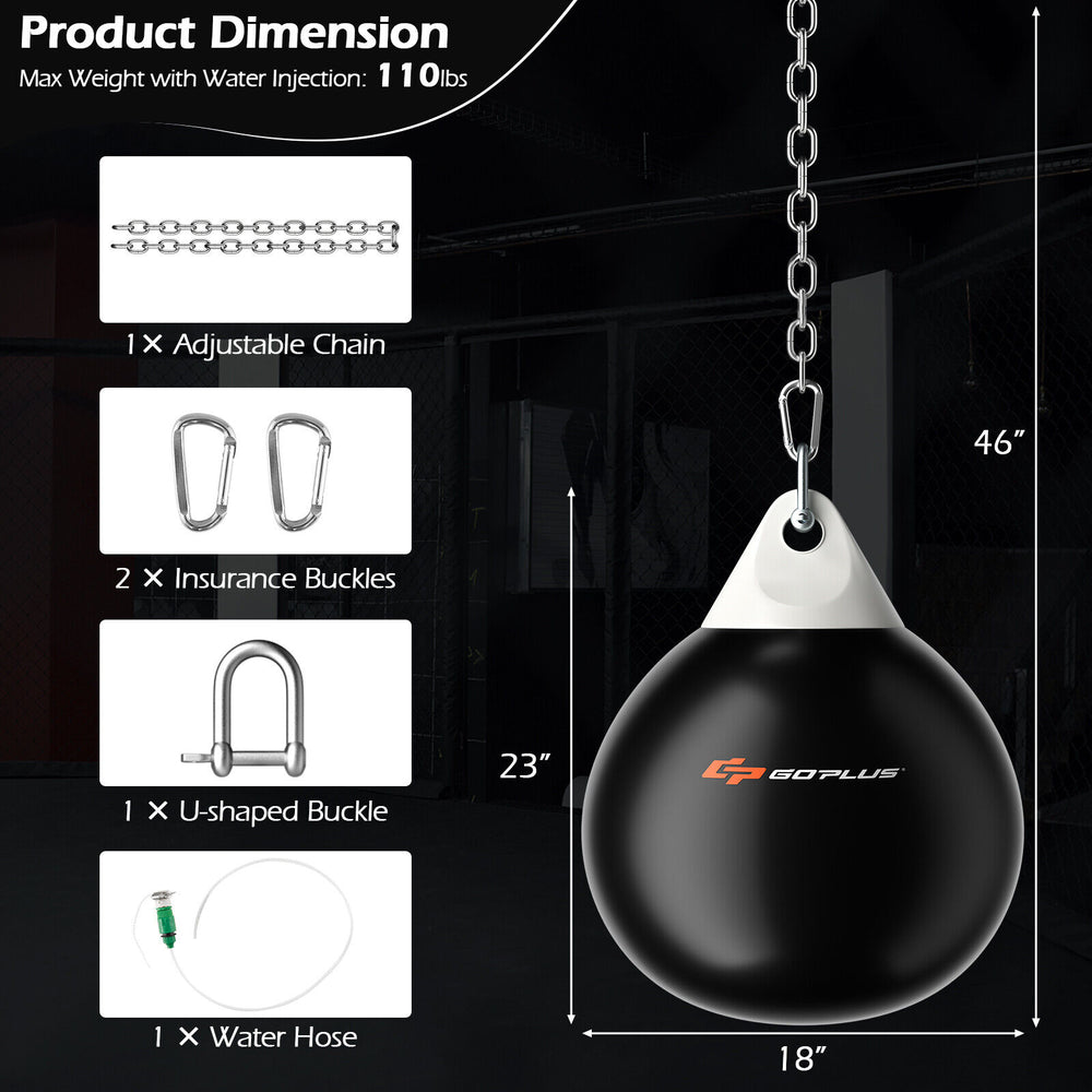 18-inch heavy punching water bag in black with adjustable chain, designed for home and gym use, max weight 110 lbs.