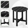 Round black Adirondack side table with slatted design, weather-resistant HDPE material, and reinforced X-shaped.