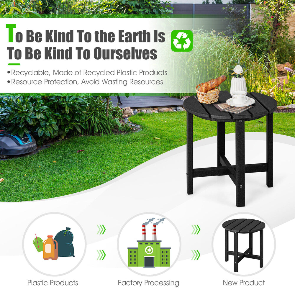 Black 18-inch round Adirondack side table showcasing its slatted top, ideal for outdoor settings and easy to clean.