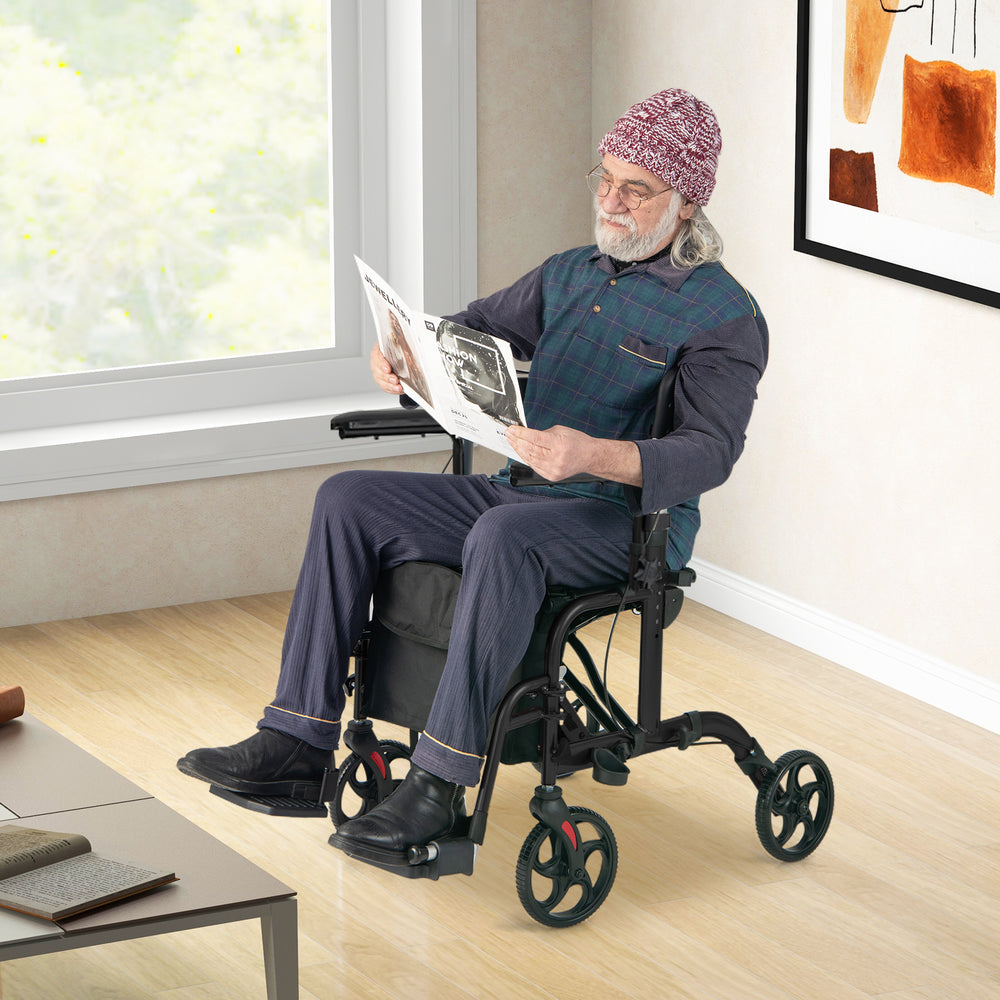 Folding rollator walker with seat and wheels, supporting up to 300 lbs, shown indoors with a user reading a newspaper.