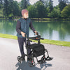 Folding rollator walker with seat and wheels, supports 300 lbs, lightweight design, ideal for seniors and disabled.