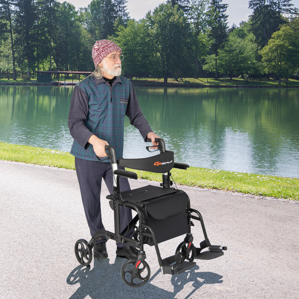 Folding rollator walker with seat and wheels, supports 300 lbs, lightweight design, ideal for seniors and disabled.