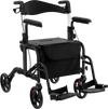 Folding rollator walker in black with seat, adjustable height, and 300 lbs capacity for seniors and disabled users.