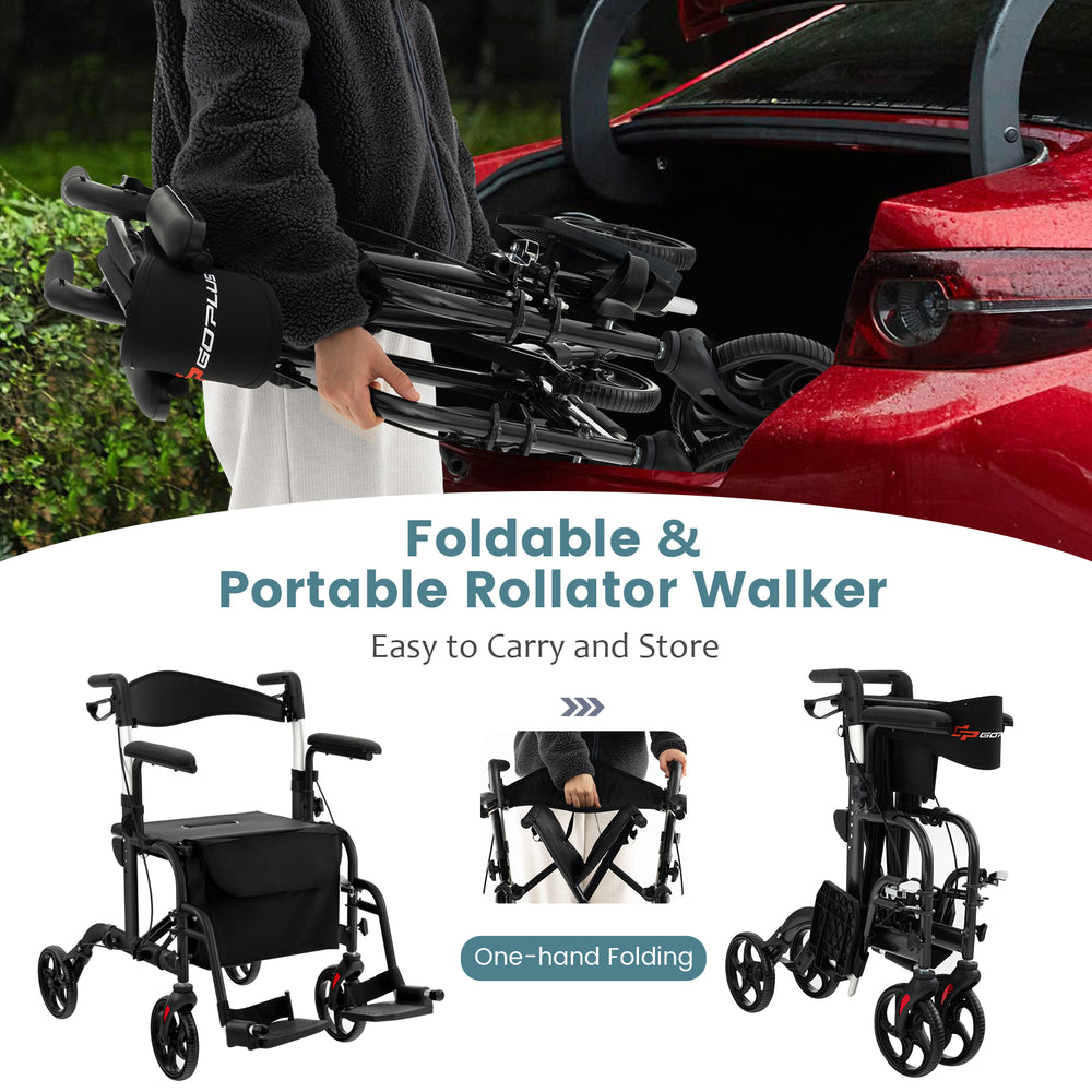 Folding rollator walker with seat, adjustable height, and 300 lbs capacity, designed for easy carrying and storage.