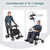 Folding rollator walker with seat, reversible backrest, and 8" wheels, supports up to 300 lbs for versatile mobility.