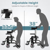 Folding rollator walker with adjustable height, supporting up to 300 lbs, featuring a seat and wheels for easy mobility.