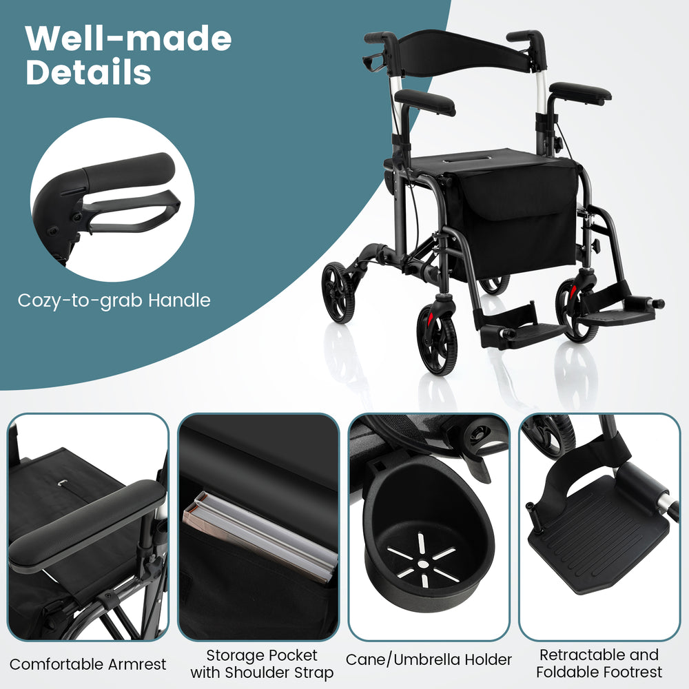 Folding rollator walker with seat, adjustable height, storage pocket, and cane holder for easy mobility and support.