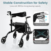 Folding rollator walker in black with seat, 300 lbs capacity, adjustable height, and dual handbrakes for safety.