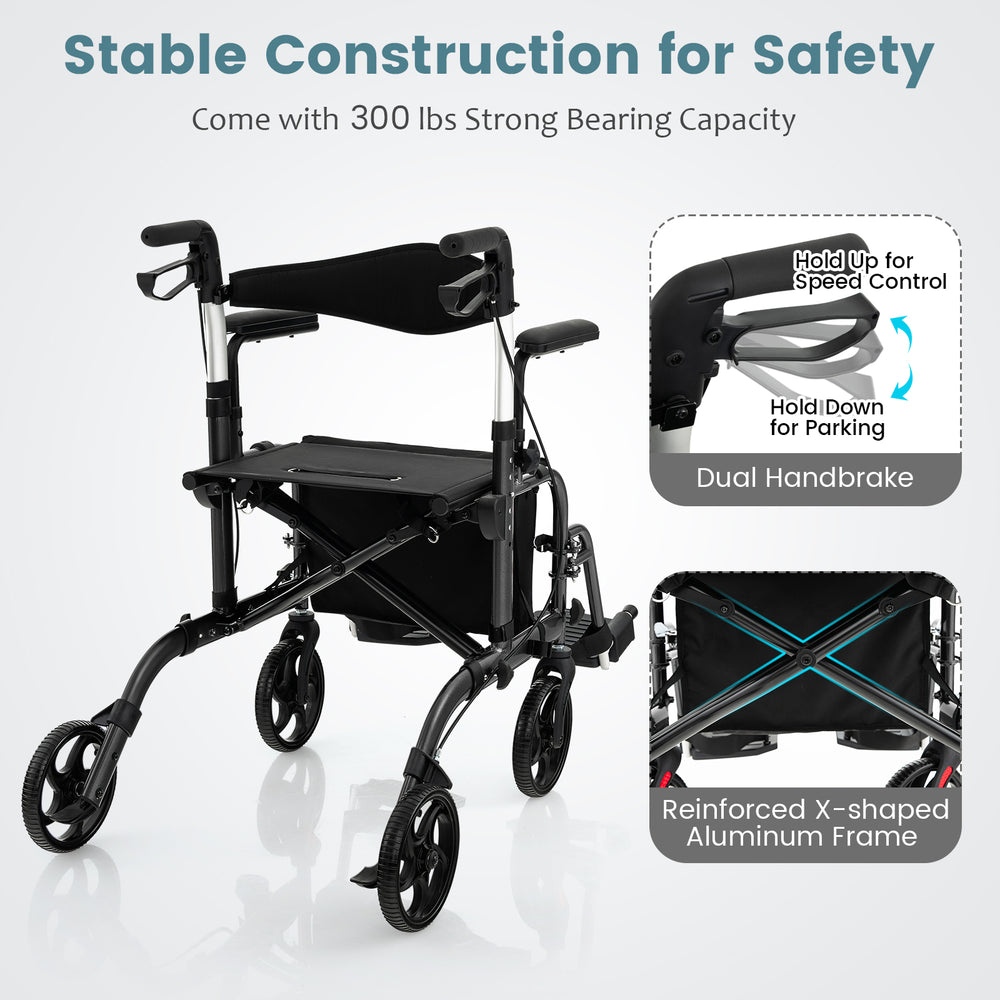 Folding rollator walker in black with seat, 300 lbs capacity, adjustable height, and dual handbrakes for safety.