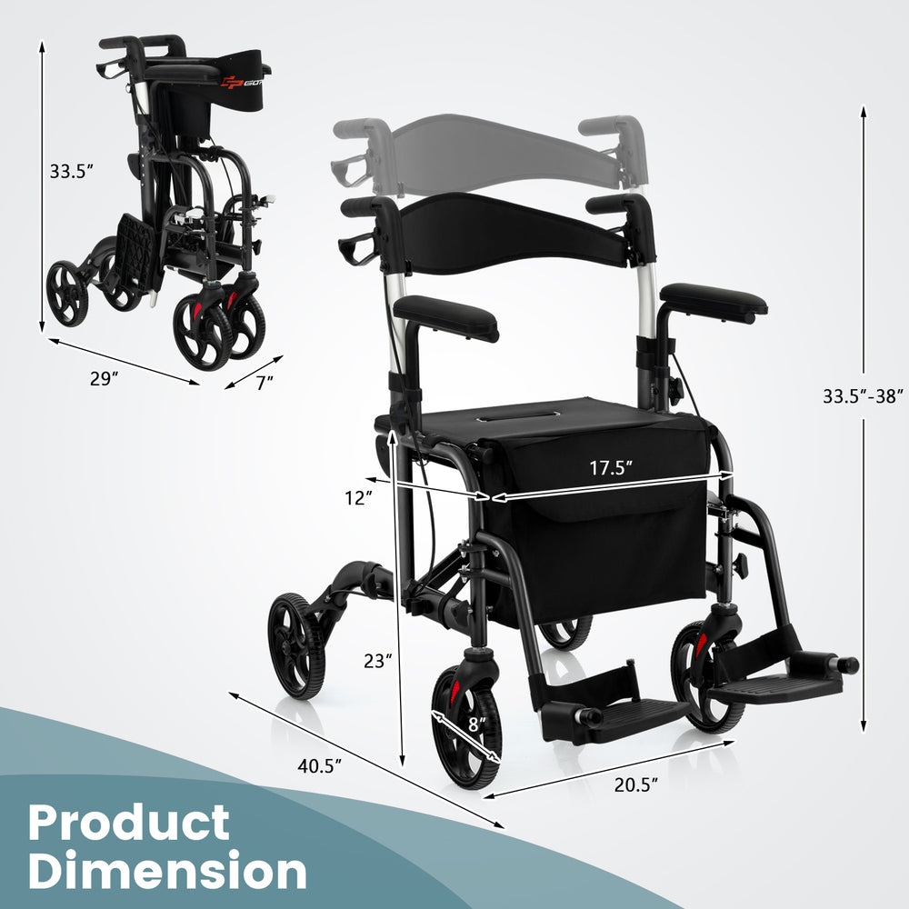 Folding rollator walker with seat and wheels, black, features adjustable height, storage bag, and supports up to 300.