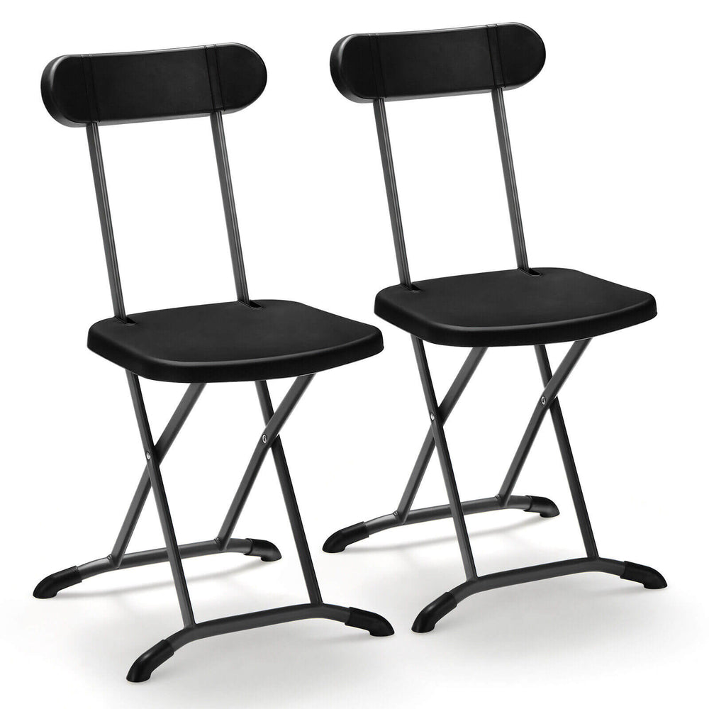 Black outdoor folding chair set featuring a sturdy metal frame and ergonomic backrest, ideal for patio or garden use.