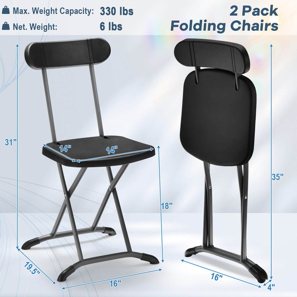 Black folding chair set featuring a sturdy metal frame and ergonomic backrest, ideal for outdoor and indoor use.