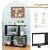 Three-tier geometric bookshelf in black with partitioned storage, ideal for books and decorations in any room.