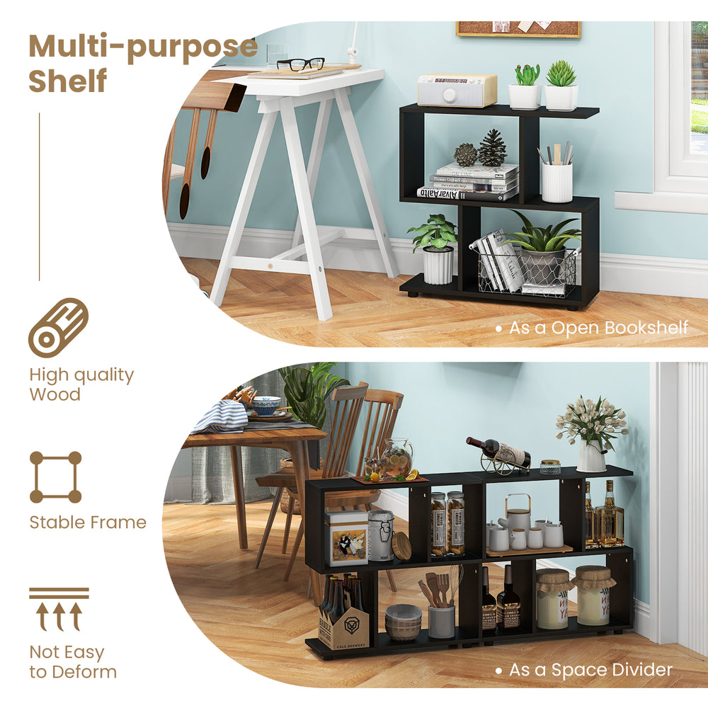 24-inch black 3-tier geometric bookshelf with ample storage space, suitable for study or office use.