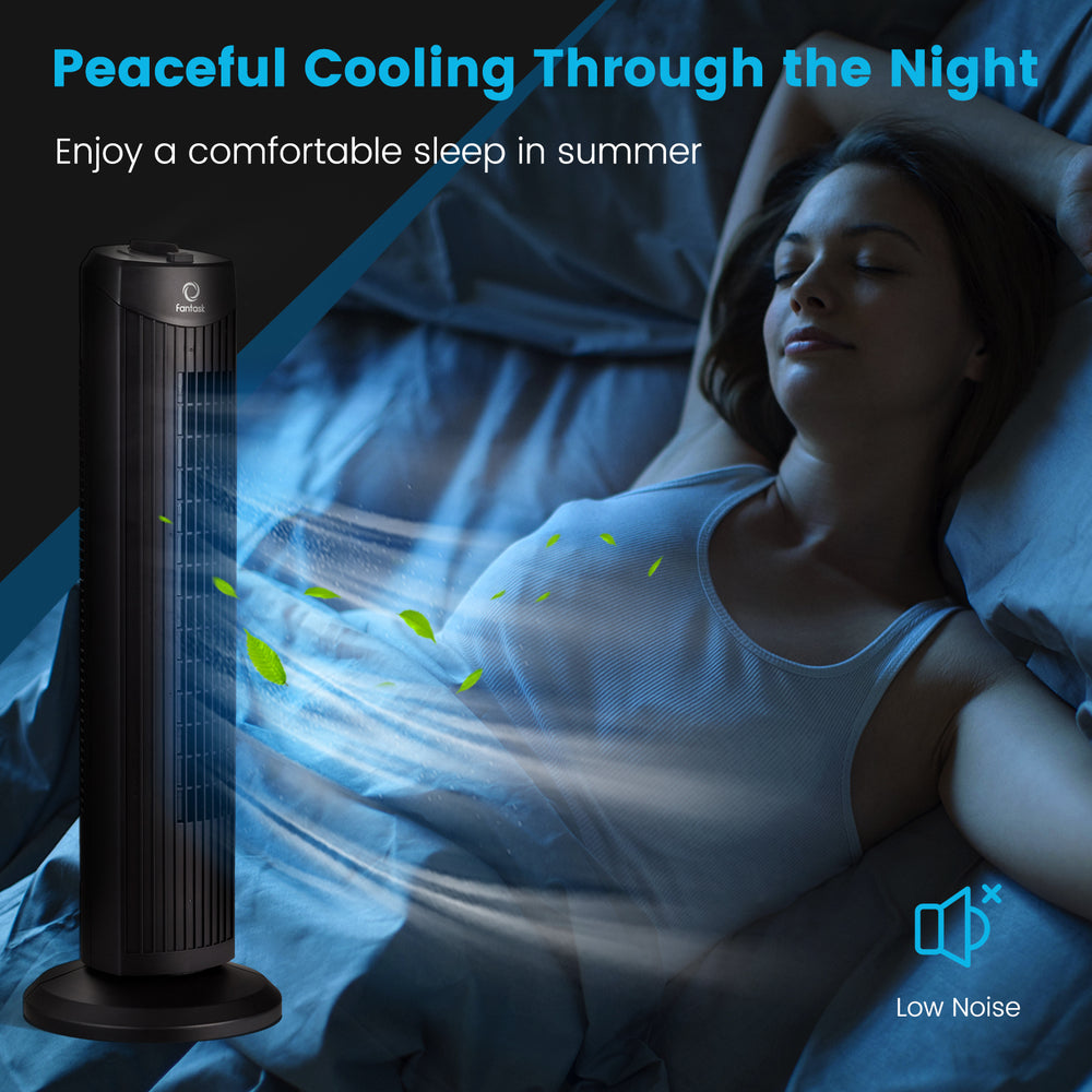 28-inch black bladeless oscillating tower fan with 3 speed settings, designed for quiet cooling in small spaces.