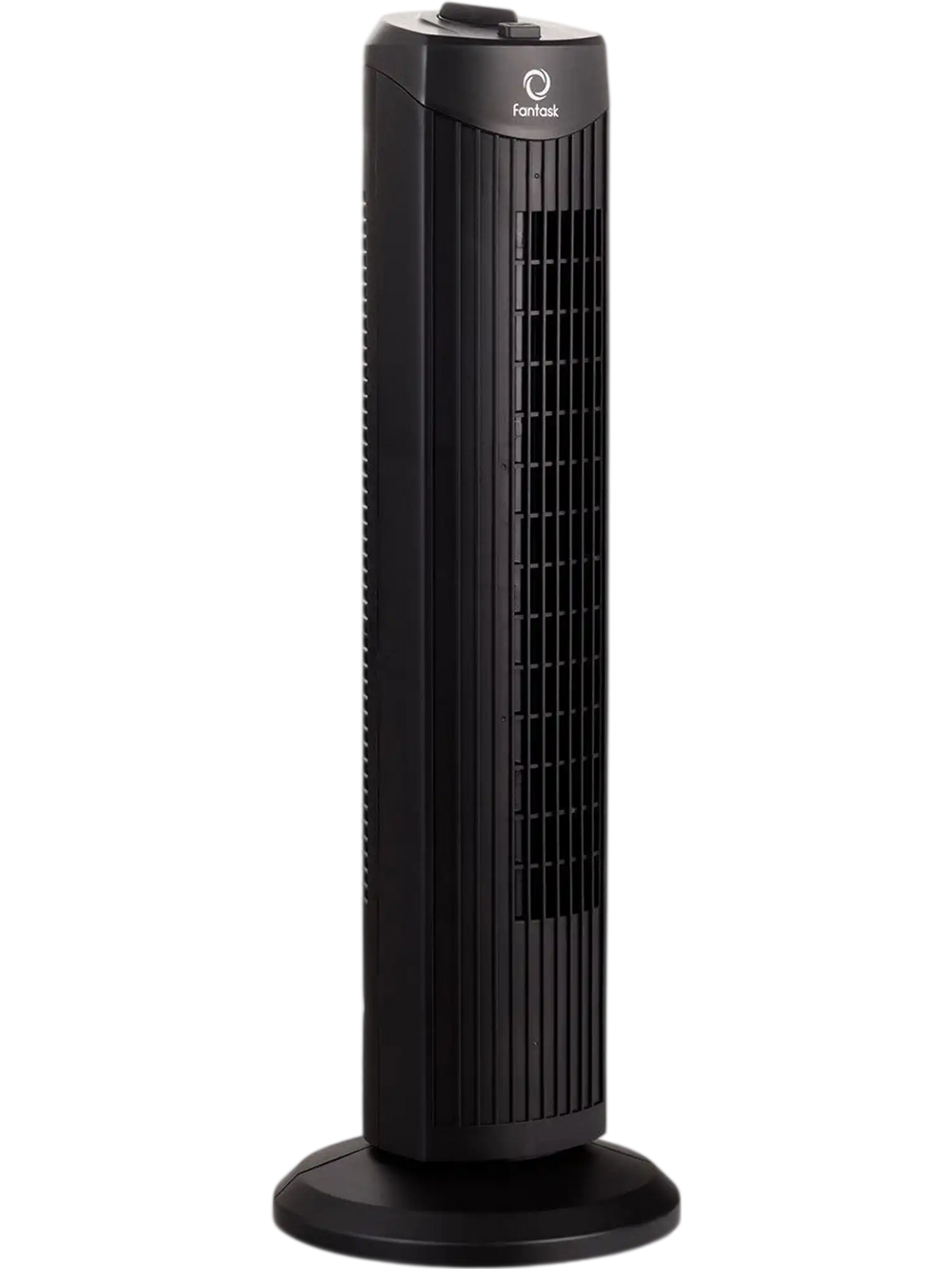 28-inch black bladeless oscillating tower fan with 3 speed settings for quiet, efficient cooling in small spaces.