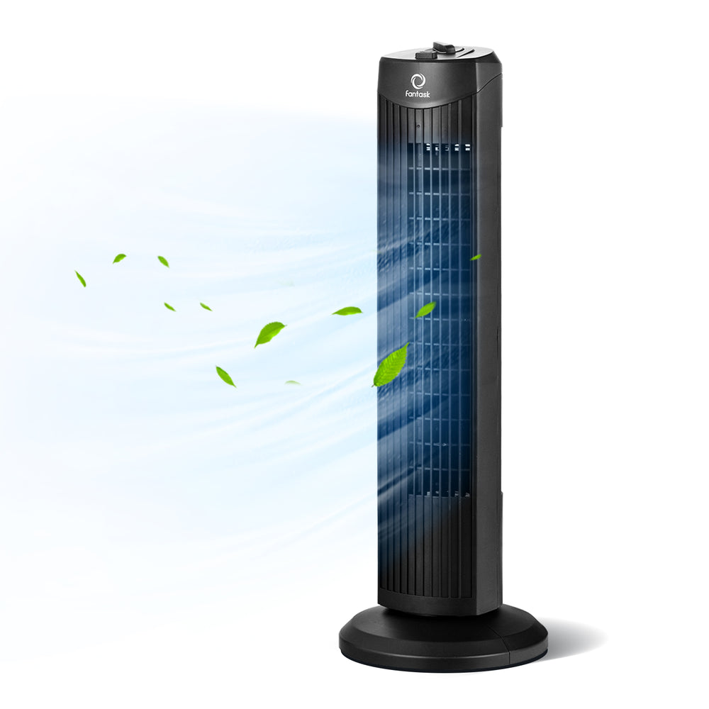 28-inch black bladeless oscillating tower fan with 3 speed settings for quiet and efficient cooling in any space.