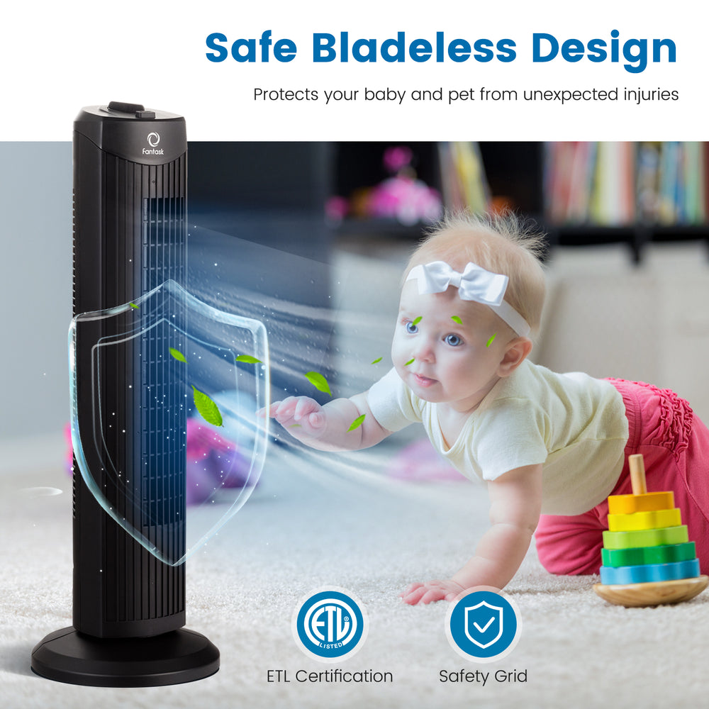 Bladeless oscillating tower fan in black, 28 inches, designed for safety and quiet operation, ideal for home or office.