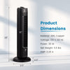28-inch black bladeless oscillating tower fan with 3 speed settings, designed for quiet operation and space-saving.