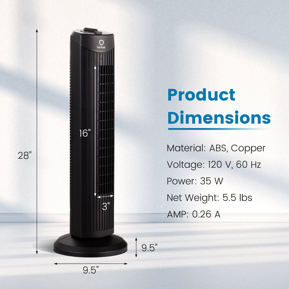 28-inch black bladeless oscillating tower fan with 3 speed settings, designed for quiet operation and space-saving.