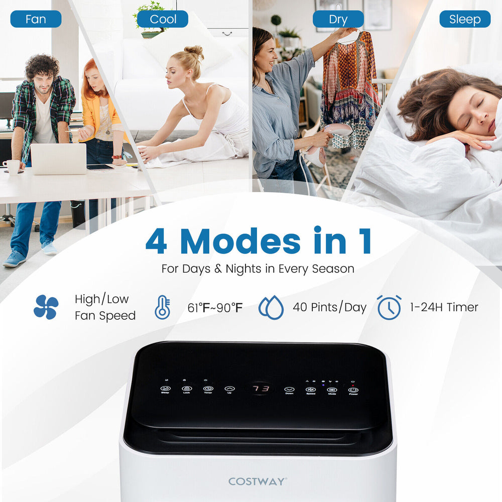 8000 BTU portable air conditioner in black with remote control, featuring 4 modes and a 1-24H timer for efficient.