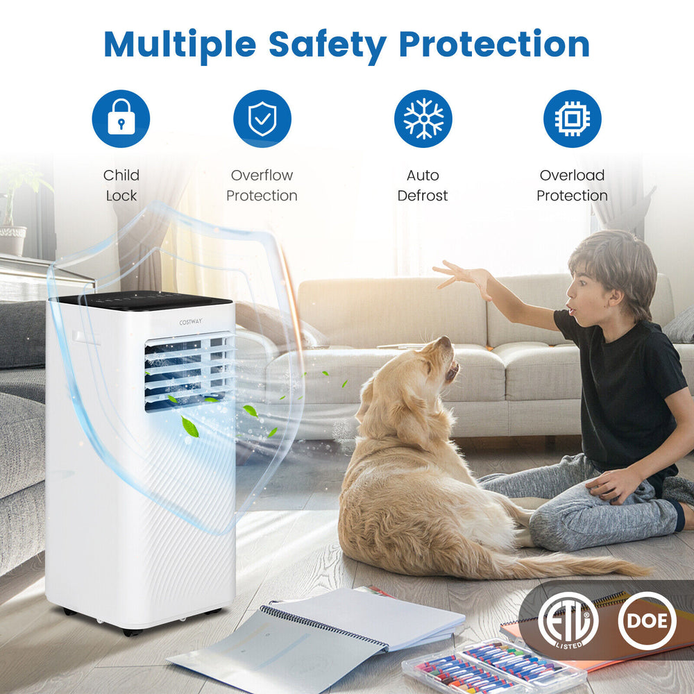 8000 BTU portable air conditioner in white with remote control, featuring multiple safety protections for efficient.