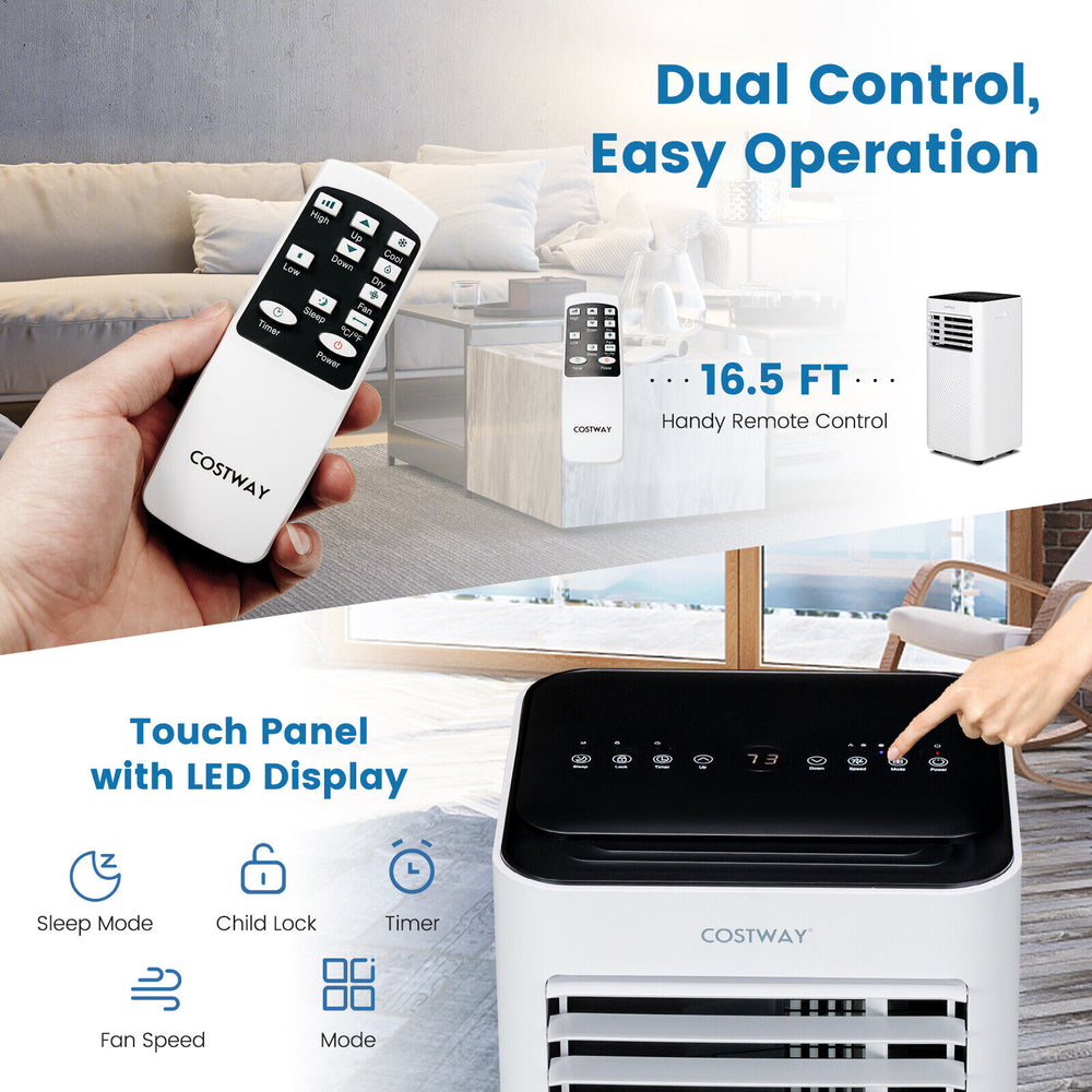 Portable 8000 BTU air conditioner with remote control, LED touch panel, and sleep mode for efficient cooling.