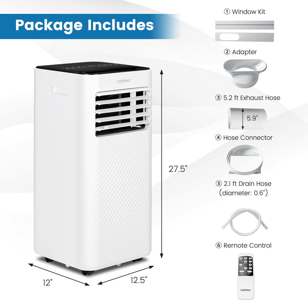 Portable air conditioner with remote control, 8000 BTU, featuring exhaust hose and window kit for efficient cooling.