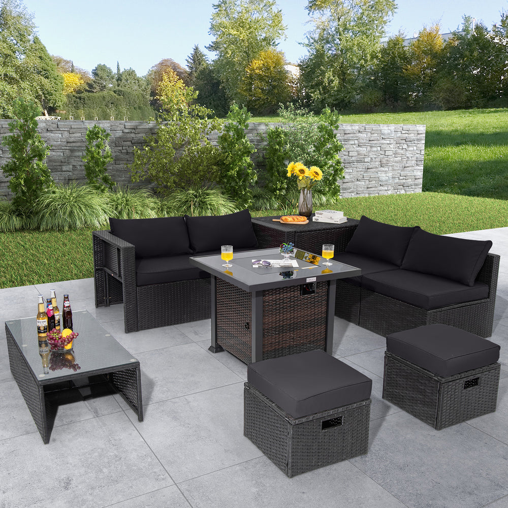 9 Pieces Patio Furniture Set with 32” Fire Pit Table and 50000 BTU Square Propane Fire Pit-Black - Gallery View 1 of 12