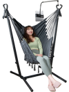 Height adjustable gray hammock chair with phone holder, side pocket, and U-shaped stand for indoor or outdoor.