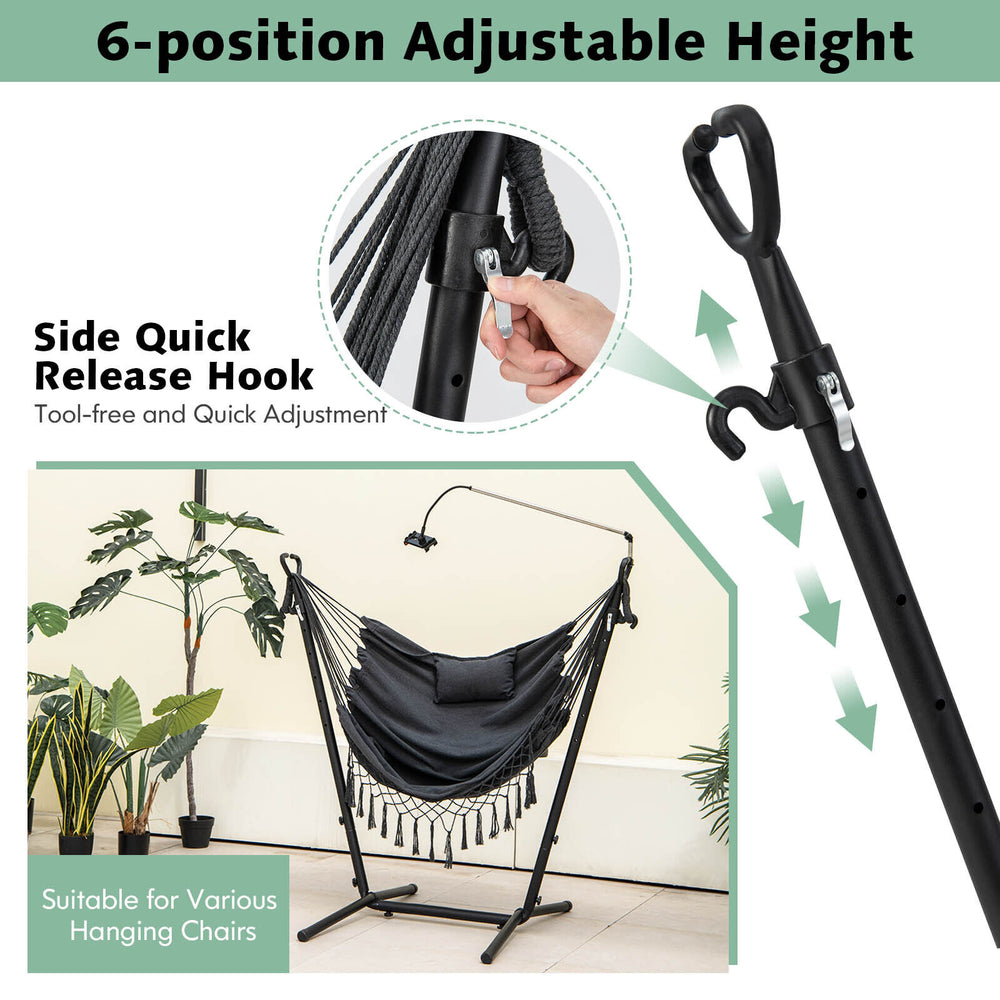 Height adjustable hammock chair stand with 6-position hook for various hanging chairs, featuring a side pocket and.